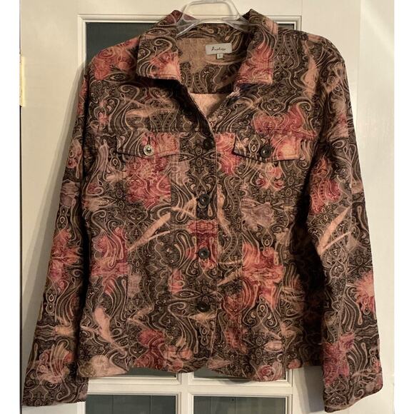 Analogy Woman Short Button Up Long Sleeve Fitted Stretch Jacket Size L Floral - Picture 1 of 11